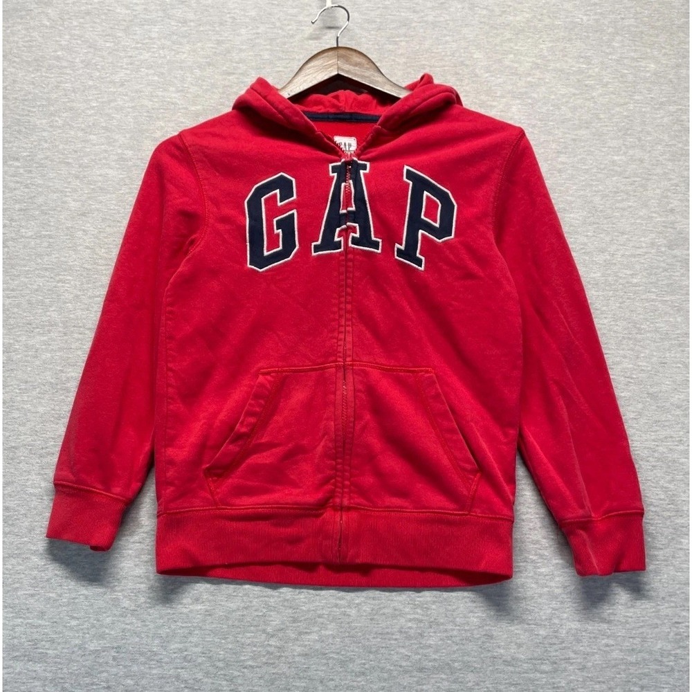 Gap Full Zip Hoodie Kids Large (10-11) Red Fleece Lined Arch Logo Ribbed Trim